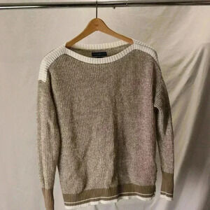 Karen Scott knit sweater women's size M striped beige tan ribbed long sleeved